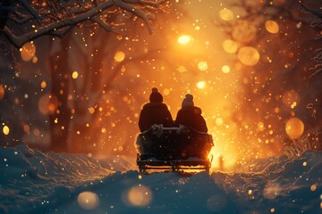 Couple Riding Sled Through Snowy Forest at Dusk