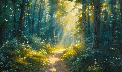 Obraz premium Morning forest. Sunlight through the forest