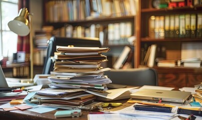 Piles of unfinished paperwork waiting to be organized.