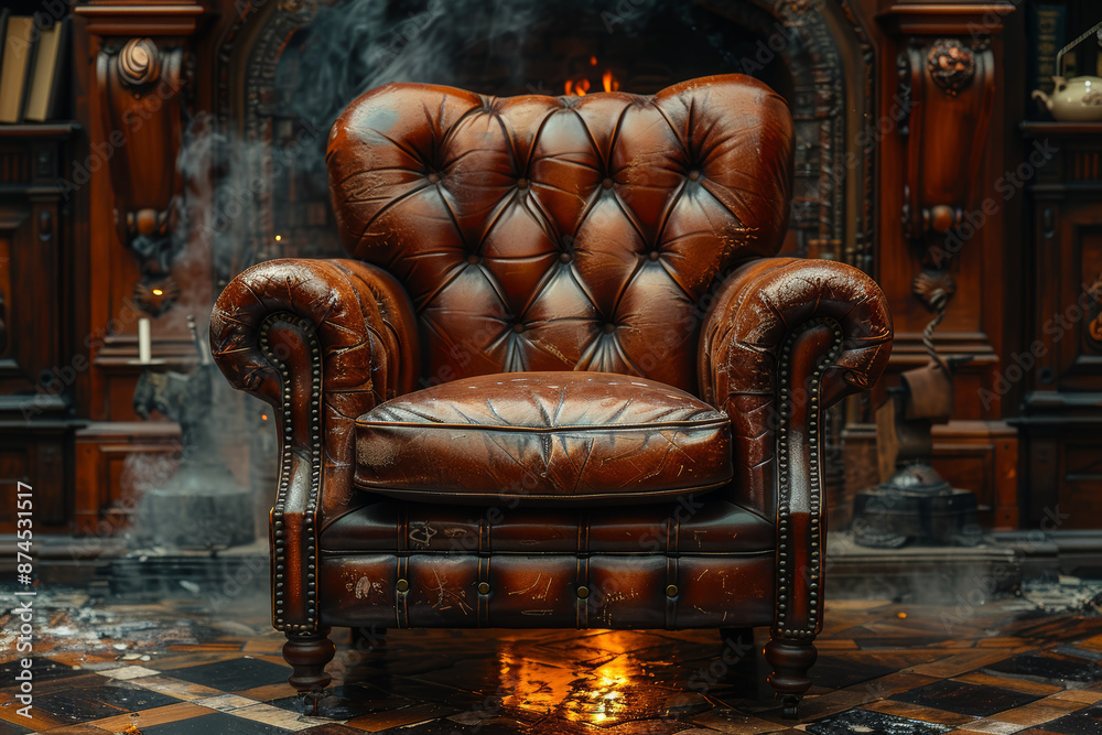 Wall mural a well-worn leather armchair beside a roaring fireplace. concept of comfort and timeless interior de