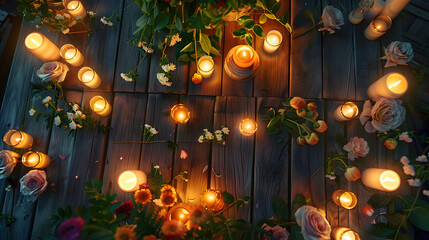 A wooden table adorned with candles, flowers, and an orange houseplant in a beautiful circular pattern, creating a cozy atmosphere for any event