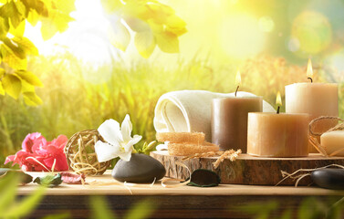 Body and mind wellness with deco with sunny nature background