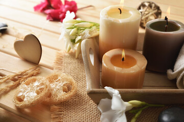 Body and mind wellness with products and deco on table