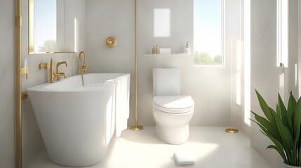Fototapeta premium Modern luxury bathroom with wall mounted toilet, enclosed dual flush seat, bidet, tissue paper holder, brass fittings, granite tile floor,