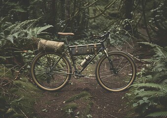 Obraz premium Rugged Adventure Bicycle in Forest Trail: Perfect for Bikepacking, Outdoors, and Wilderness Exploration