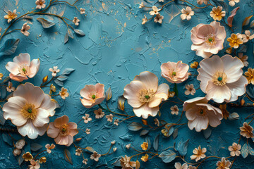 A wallpaper of a rococo blooms flowers dreamy intricate details pastel scheme blue gold  tone fantasy fairytale aesthetic rococo luxurious style background, 