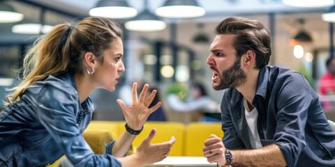 Office Conflict A heated argument between a man and woman in a business setting with coworkers watching in background