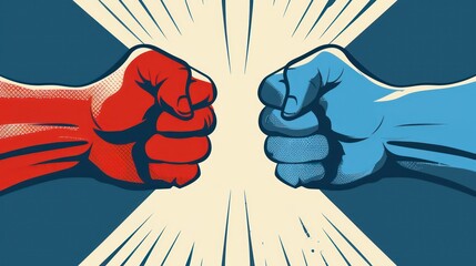 Illustration of red and blue fists clashing with dramatic impact lines