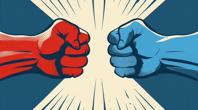 Illustration of red and blue fists clashing with dramatic impact lines