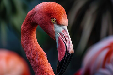 A flamingo with a pink beak and red feathers