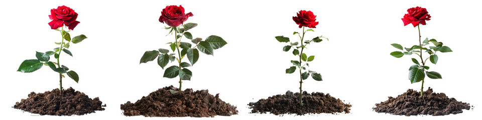 Set of A detailed red rose bush growing in the soil, on a transparent background