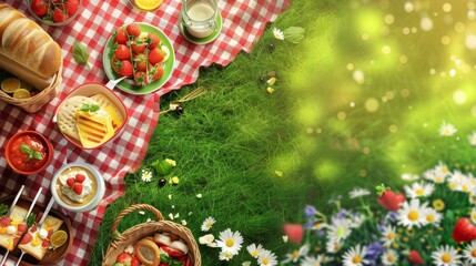 Fototapeta premium Banner for International Picnic Day with tasty food on green grass 