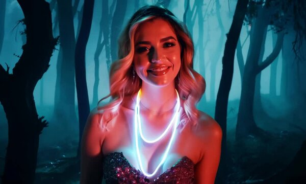 portrait of a woman in a dark forest with neon neckless