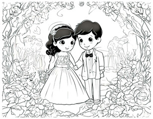 Fototapeta premium wedding greeting card, children's wedding illustration, newlyweds, wedding ceremony, vector illustration, 