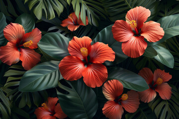 Tropical vintage floral palm leaves red hibiscus flower seamless pattern black background Exotic jungle wallpaper 