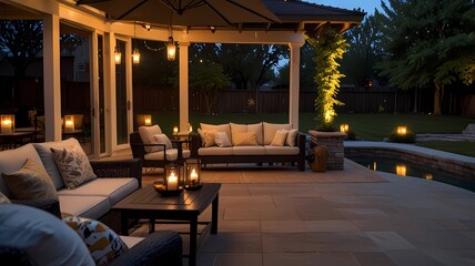 Elegant backyard patio. A view of an elegant and well furnished backyard patio by candlelight at dusk.

