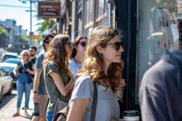 Fototapeta premium A woman with a backpack and sunglasses stands in line outside a store