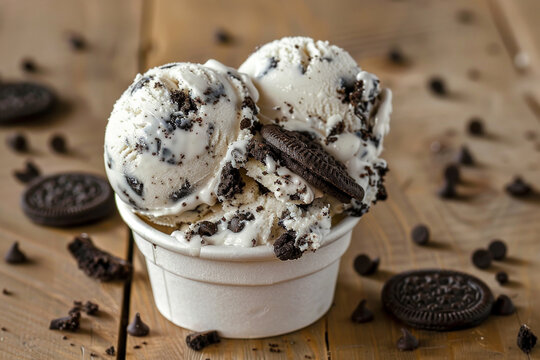 A bowl of ice cream with chocolate chips and oatmeal cookies