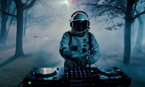 An astronaut in a full spacesuit with neon neckless stands in a foggy, eerie forest. The atmosphere is thick with suspense, as twisted trees loom and shadows dance. Amidst this horror setting, 