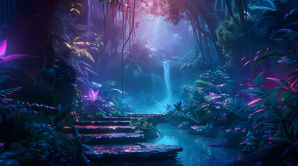 Fototapeta premium Magic forest with blue and purple neon colors and glowing. Mysterious pathway in the jungle.