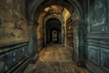 Fototapeta premium A long, narrow hallway with a lot of dust and debris