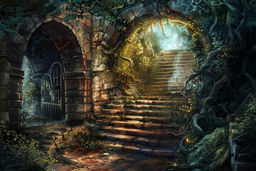 Naklejka premium A dark, creepy forest with a stone archway leading to a staircase