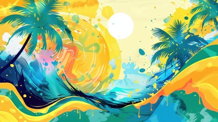 Abstract illustration of summer, featuring bright splashes of yellow, blue, and green with sun shapes, waves, and palm tree silhouettes blending together.