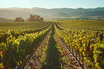 A vineyard with rows of green vines and a clear blue sky