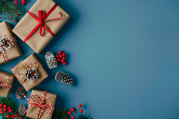 Obraz premium A blue background with a bunch of presents and pine cones