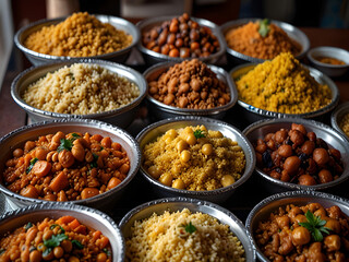 Obraz premium Assortment of Algerian Cuisine Featuring Couscous, a Popular Choice for Dining Out in European Countries