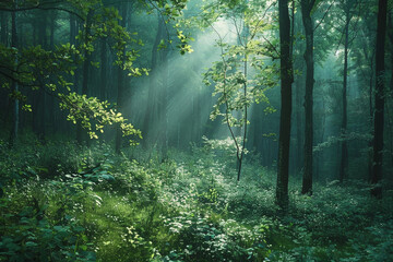 Obraz premium A forest with trees and sunlight shining through the leaves