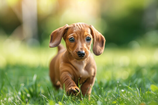 A small brown and black dog is running on a green field