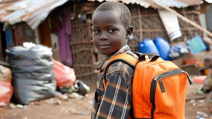 Smiling african student with backpack on poor urban background  back to school concept