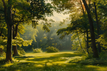 Obraz premium A painting of a forest with a bright sun shining through the trees