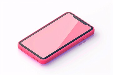 A close-up image of a 3D smartphone with a pink case and screen protector, placed on a light background. The phone features a minimalist design with rounded edges and side buttons visible.