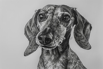 A black and white drawing of a dog with a sad expression