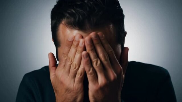 medium shot, man crying, tears streaming, studio lighting, sad, emotional
