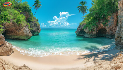 Fototapeta premium A natural photo capturing a panoramic view of a tropical beach. clean and beautiful white beach summer photography