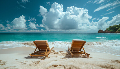 tropical beach with fine white sand and two sun loungers inviting repose, framed by the turquoise waves of the ocean and a sky painted with soft, billowing clouds