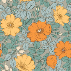 Beige floral pattern with Rose. Botanical rosehip