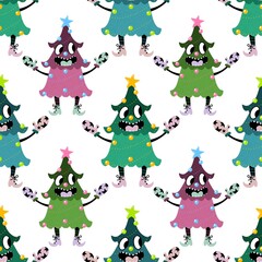 Cartoon Christmas tree seamless pattern for wrapping paper and fabrics