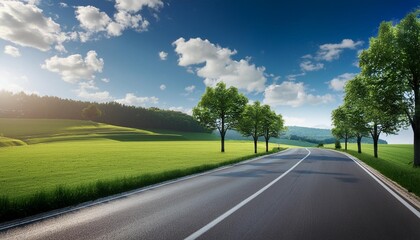 green meadow with trees and asphalt road blue sky on background