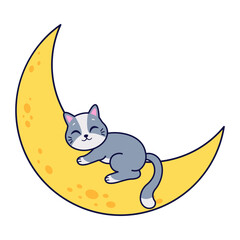 Cute gray cat sleeps on the moon. Vector illustration