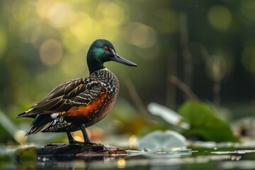 Fototapeta premium Full body view of Northern Shoveler in natural habitat, full body shot, full body View
