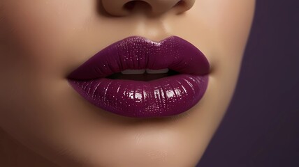 Fototapeta premium Cosmetics, makeup. Bright lipstick on lips. Closeup of beautiful female mouth with purple lip makeup. Part of face. Cosmetics, makeup and trends. Bright lip gloss and lipstick on lips. Closeup of beau