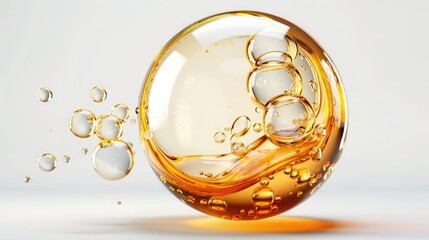 Close-up of an abstract liquid oil bubble with golden tones against a white background, showcasing its translucent and glossy texture.