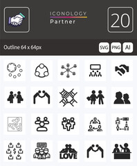 Set of 30 thin line icons related team, teamwork, co-workers, cooperation. Linear busines simple symbol collection. vector illustration. Editable stroke