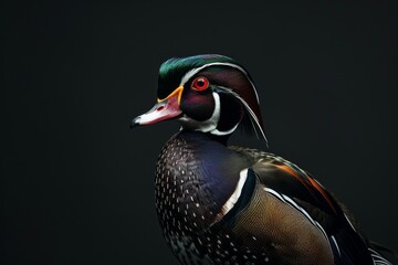 Obraz premium Mystic portrait of Wood Duck, full body view, isolated on black background