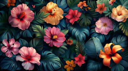 Seamless pattern Summer beautiful fantasy vintage wallpaper all tropical botanical flowers bunch,vintage motif for floral print digital background 