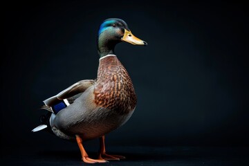 Obraz premium the beside view Mallard, left side view, white copy space on right, isolated on black background